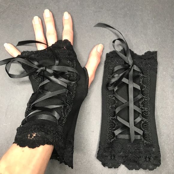 Hand Crafted Accessories - Short Corset Gloves Black Lace Up Wedding Arm Warmers Sleeves Renaissance